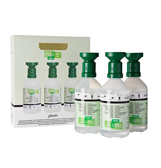 PLUM Augenspülkarton 3 x 500 ml Flasche mit Augenschale und Staubkappe