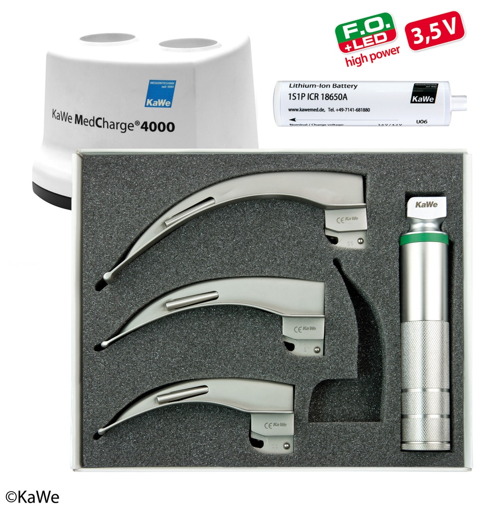 KAWE Laryngoscope Set Macintosh F.O. LED Adult 1 Handle +3 Blades, 3.5 V