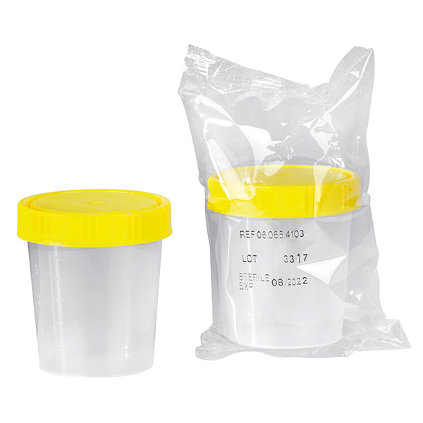 SERVO Urine cup 125 ml with screw cap yellow sterile